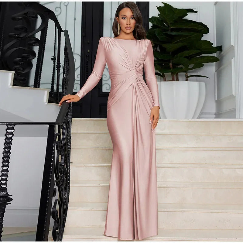 Burgundy  Sexy Pleated Lace Up Long Dress Lady Fashion Round Neck Slim Fit Long Sleeved Evening Gown 2024 New Chic Outfits