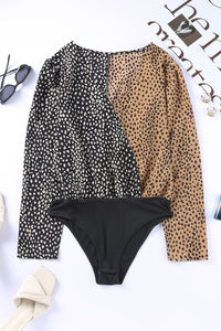 Spliced Leopard Print Wrap Long Sleeve Bodysuit