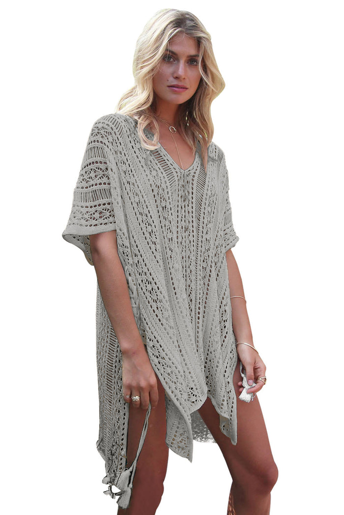 Gray Crochet Knitted Tassel Tie Kimono Beachwear