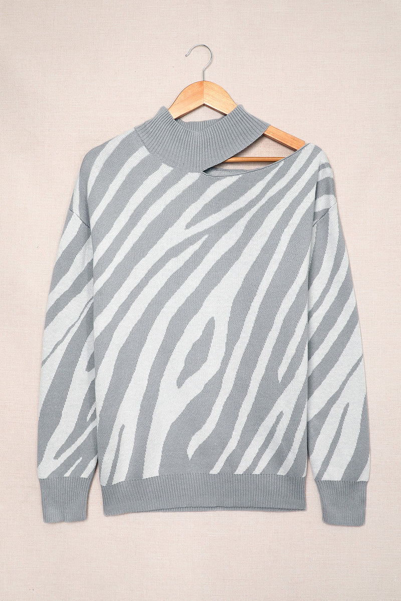 Gray Zebra Print Mock Neck Cold Shoulder Sweater