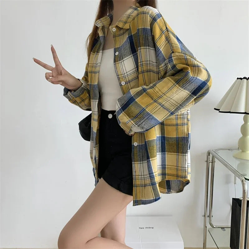 Plaid Shirt Women Autumn Long Sleeve Top Female Vintage Fashion Single Breasted Blouse Ladies Preppy Style Loose Check Shirts