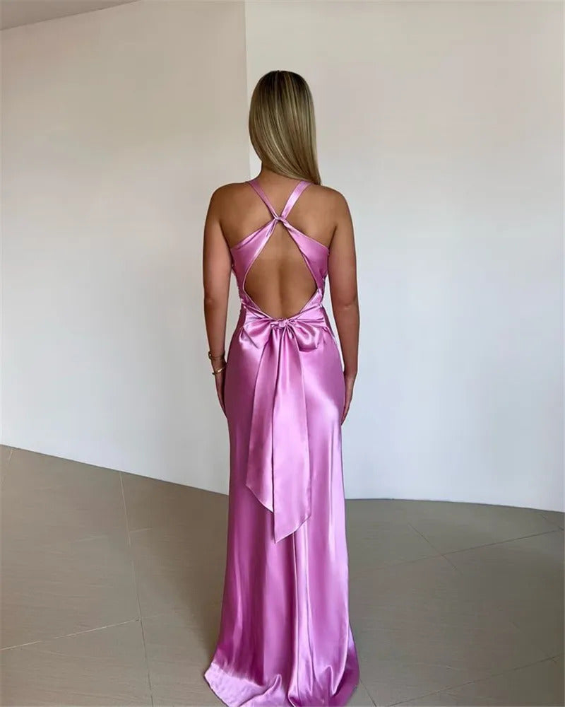 Mozision Satin Bow Backless Sexy Maxi Dress For Women Gown Fashion V Neck Sleeveless Club Party Evening Dress Elegant