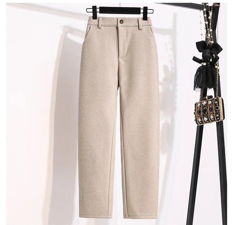 Plus Size Woolen Pants Women 2024 Autumn Winter New Arrivals Beige Or Black Suit Pants Trousers Korean Style Elastic Waist Pants