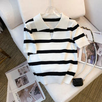 2024 New Striped Pattern Collared Sweater Versatile Short Sleeve Knitted Top For Spring & Summer Women's Clothing Crop Top