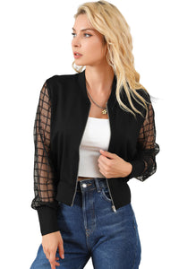 Black Latticed Mesh Sleeve Zip Up Bomber Jacket