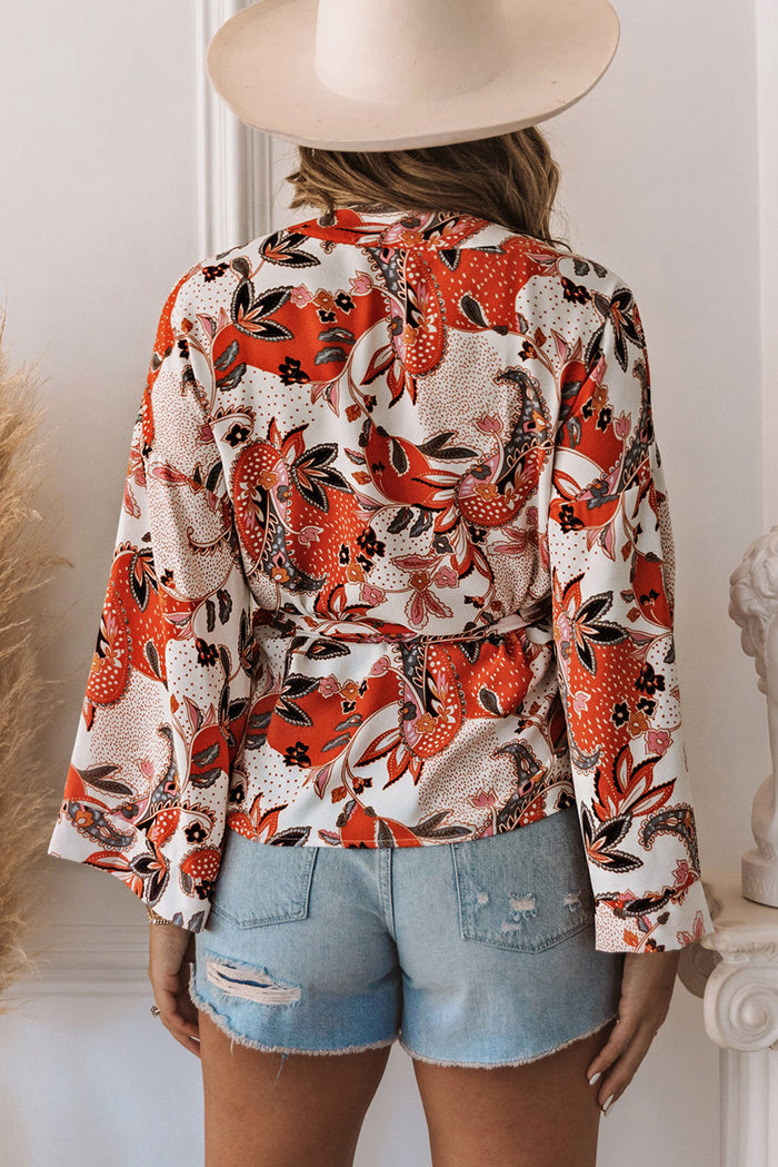 Orange Floral Wrap Kimono Blouse