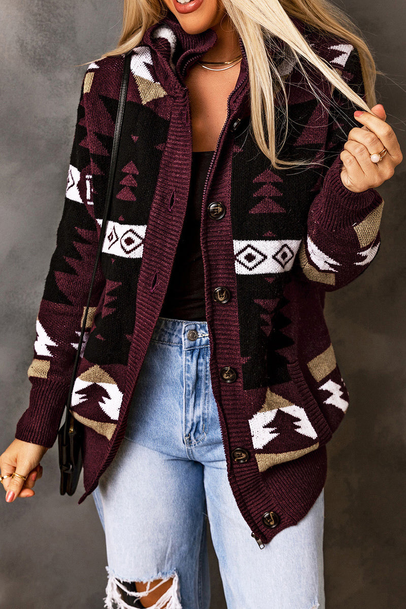 Wine Retro Jacquard Pattern Buttoned Front Hooded Sweater