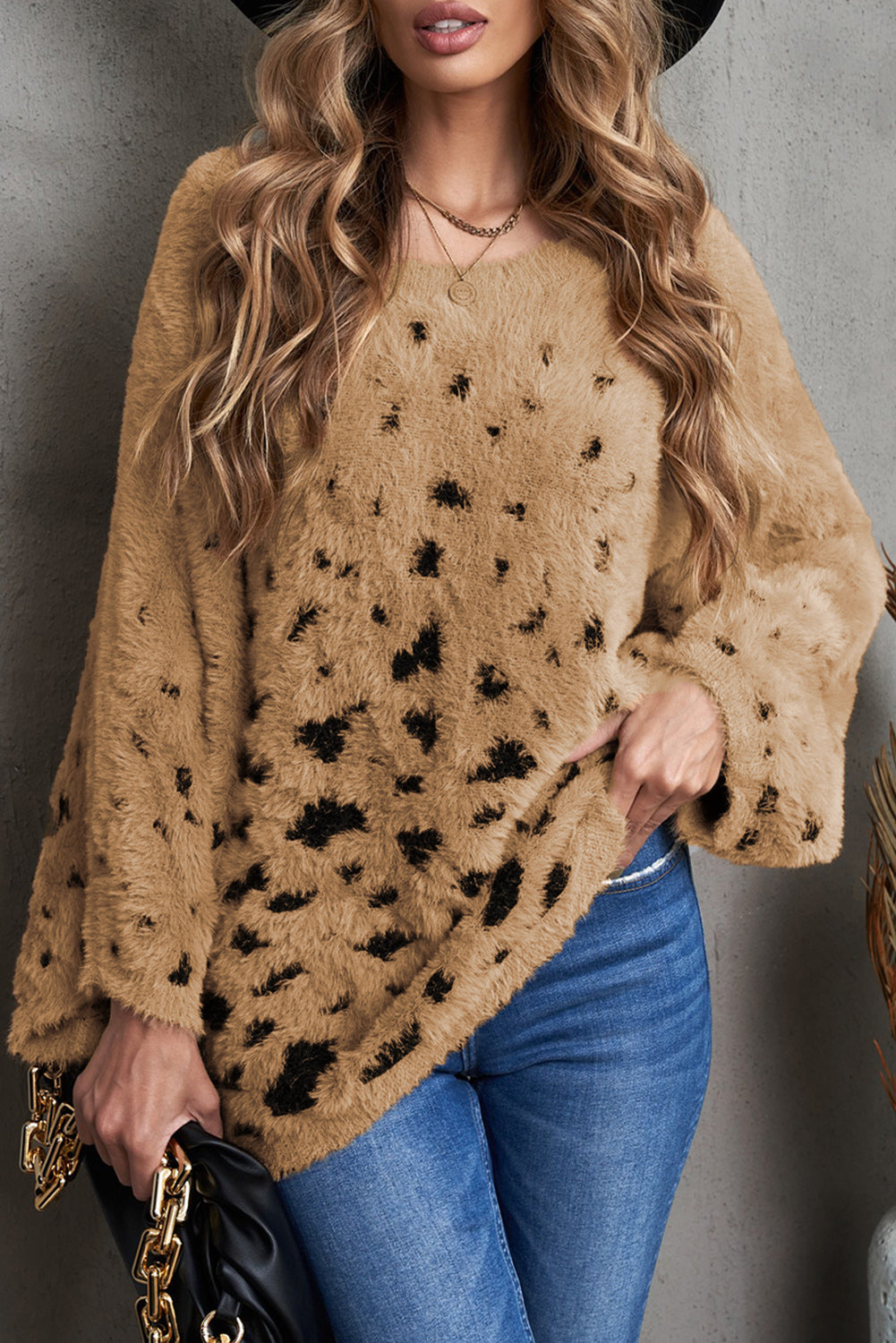 Leopard Print Drop Shoulder Loose Knitted Sweater