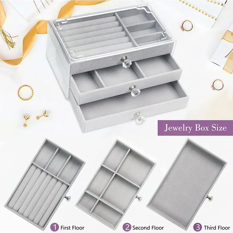 Acrylic Velvet Jewelry Organizer with 3 Drawers Stackable Display Storage Earrings Necklace Bracelets Box Holder Case for Women