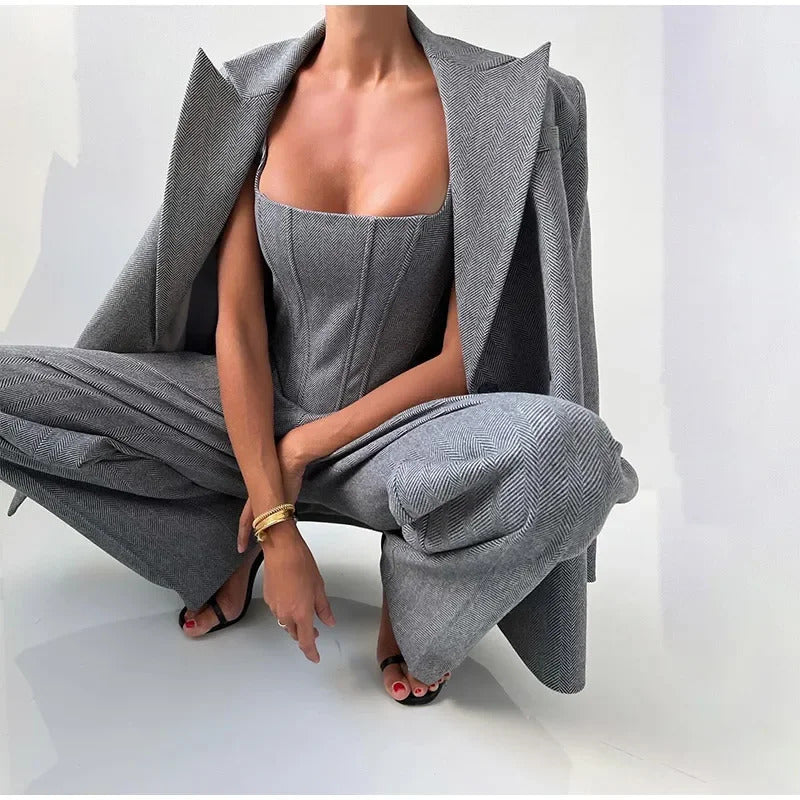 Fashion Grey Pants Sets For Women 3 Pieces Elegant Long Sleeve Belt Blazer Tank Top With High Waist Wide Trousers Lady Suits