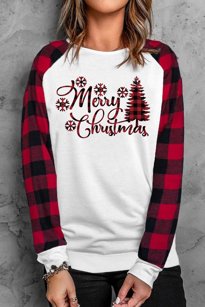 White Merry Christmas Plaid Graphic Print Long Sleeve Sweatshirt