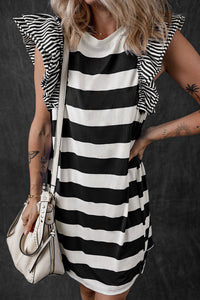 Black Stripe Contrast Ruffled Sleeve T-shirt Dress