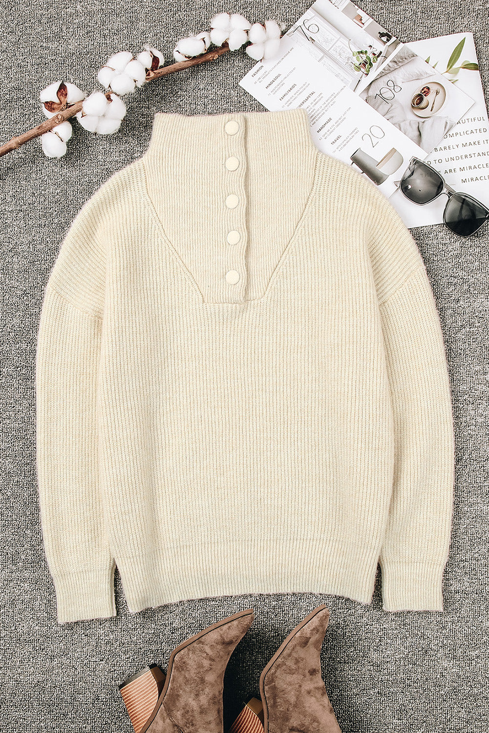 Khaki Buttoned Turn Down Collar Comfy Ribbed Sweater