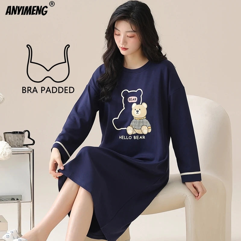 M-5XL Plus Size Autumn Spring Women Long Nightgowns Pullover Loose Bra Padded Sleepshirt Casual Cotton Nightdress Leisure Shirt