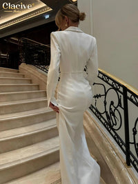 Clacive Fashion Slim White Dress Bodycon Lapel Long Sleeve Ankle Length Dress Party Elegant Classic Slit Dresses For Women 2024