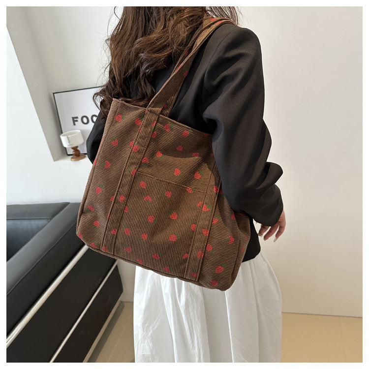 Corduroy Handbag Strawberries Beach Bag Fashionable Versatile Shoulder Bag LargeCapacity Simple Commuter Women's Tote Bag Bolsos