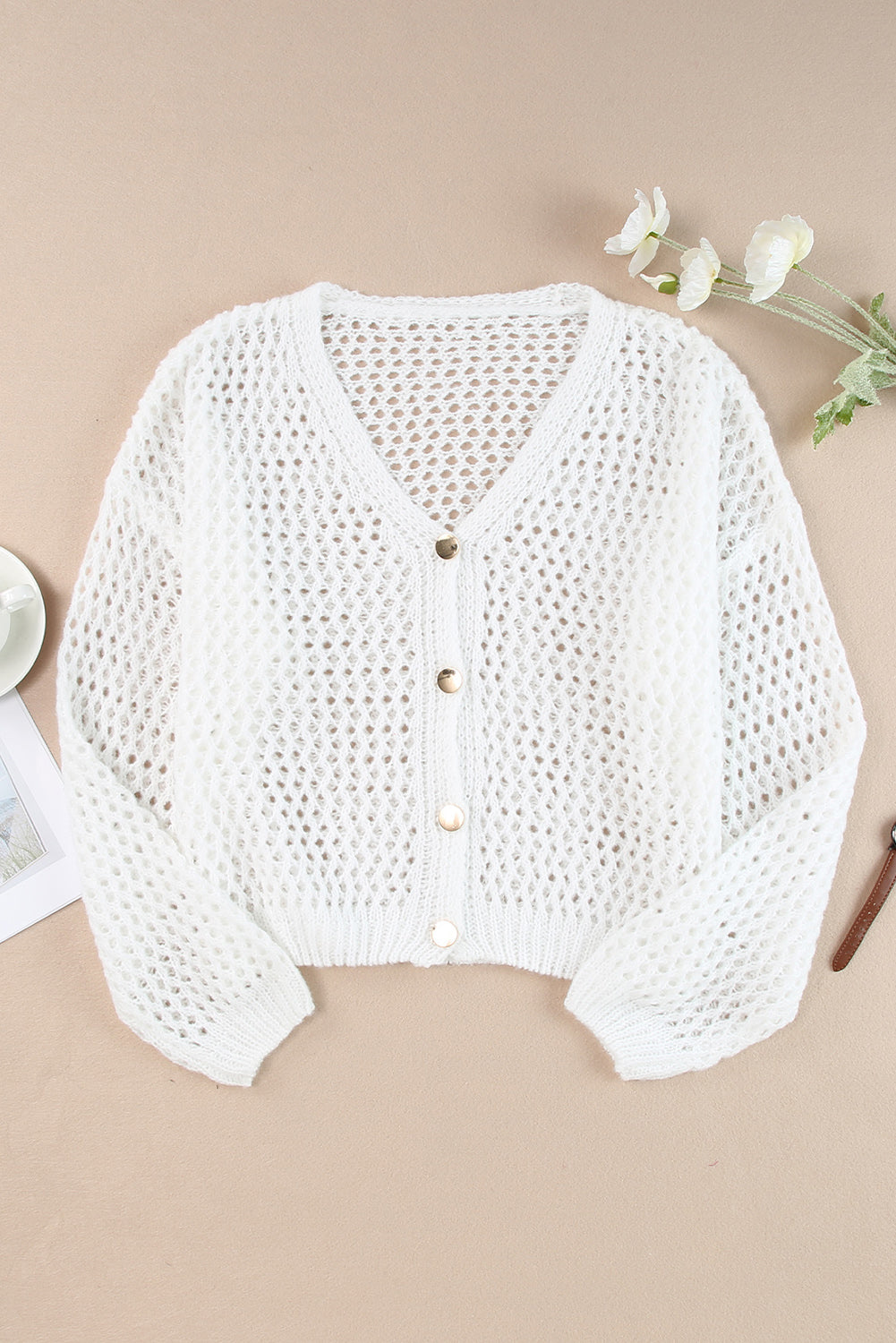 White Hollowed Knit Dolman Sleeve Sweater Cardigan