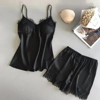 Women Satin European and American Ice Silk Pajama Suit V-Neck Lace Seamless Sexy Lingerie Homewear Pyjamas Shorts Sets Sleepwear