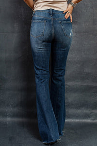 Sky Blue Dark Wash Mid Rise Flare Jeans