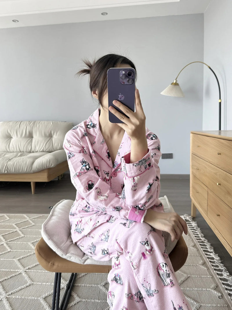 100% Cotton Pajamas for Women Loose Cartoon Long Sleeve Pants Loungewear Women 2 Piece Set Pj Women Outfit Sleepwear Set Pijamas