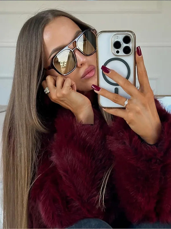 Fashion Burgundy Red Fluffy Faux Fur Short Coats Women Solid Lapel Full Sleeve Warm Jacket Winter New Chic High Street Outerwear