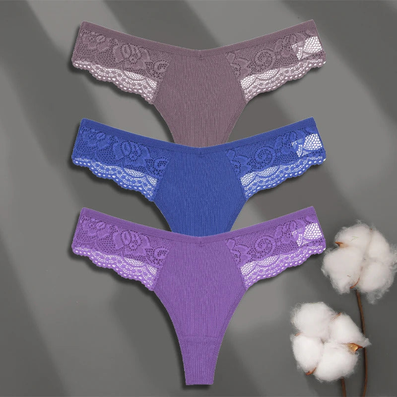 FINETOO 3Pcs Women's Cotton Underwear Lace Thongs Sexy Solid Color Low Waist Bikini Panties Ladies Breathable G-string Lingerie