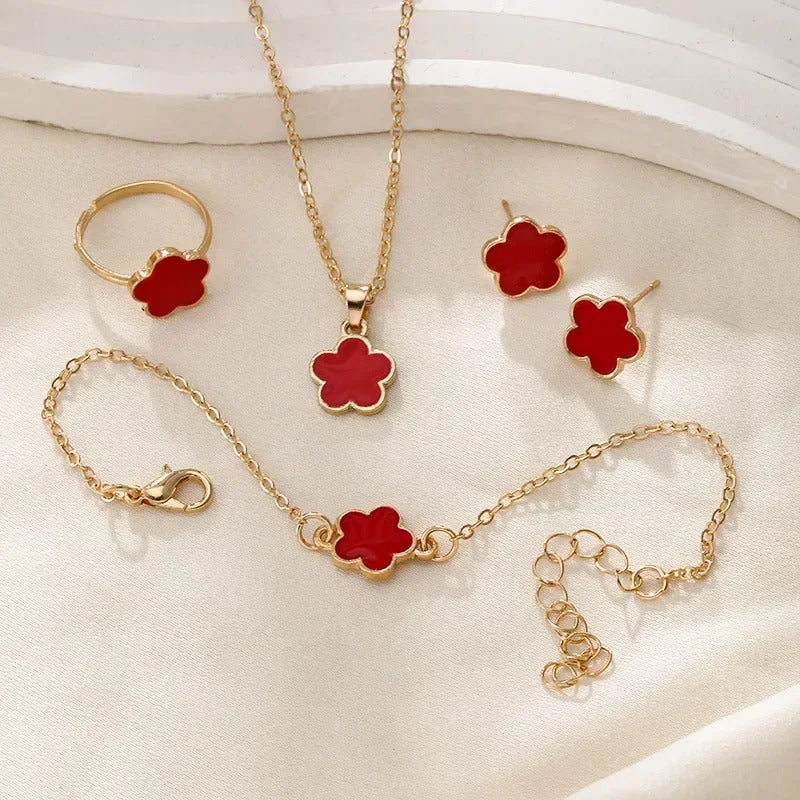 Lucky Five-petal Flower Clover Earrings Necklace Ring Bracelet Four-piece set for Woman Fashionable Accessories Party Jewelry