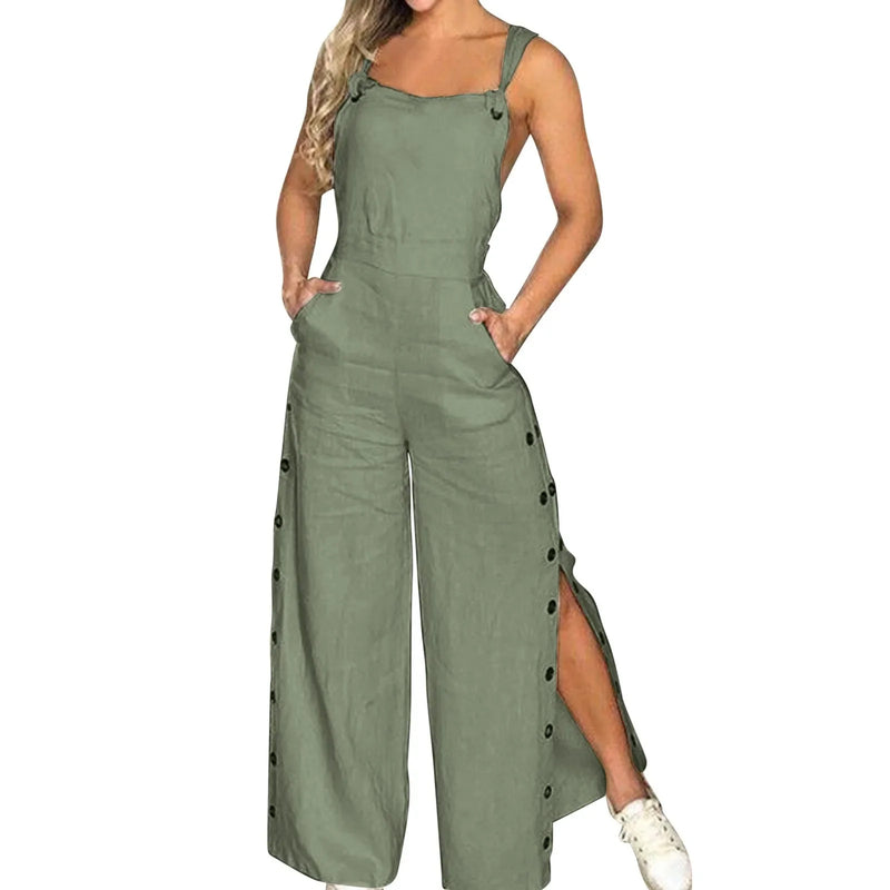 Summer Fashion Womens Sleeveless Jumpsuit Rompers Ladies Solid Wide Leg Button Openings Long Trousers Suspenders Overalls Pocket