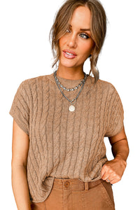 Gray Crew Neck Cable Knit Short Sleeve Sweater