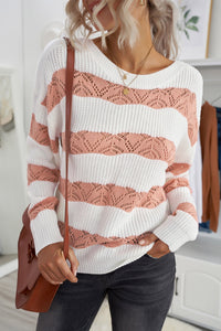 White Striped Colorblock Knit Sweater