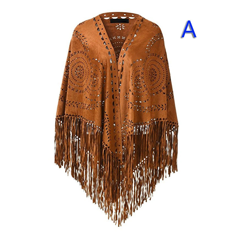 Women's Loose Suede Fringe Open Poncho Cloak Shawl Wrap with Punch Hole Patterns and Graceful Fringes Dropshipping