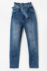 Blue Seamed Stitching High Waist Knot Skinny Jeans