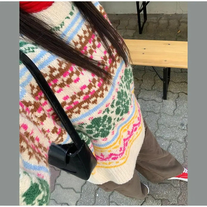 Casual Knitted Jacquard Sweaters Women Vintage Loose Printed O-neck Pullover Sweater Female Christmas Thick Chic Daily Knitwear