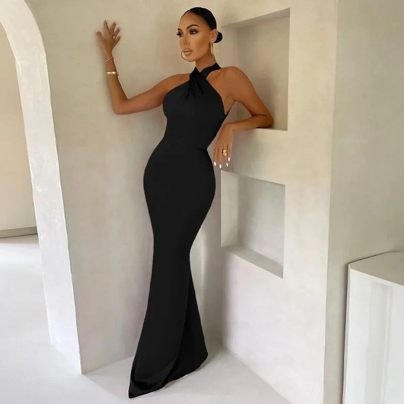 wsevypo Elegant Formal Vestidos Women Cross Halter Long Fishtail Dress Ladies Backless Ball Gown Cocktail Party Evening Dresses