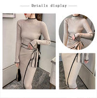 Women Knitted Dress New Autumn Winter Slim Lace-Up Long Sleeve Bottoming Sweater Skirt Elegant Fashion Office Female Vestidos