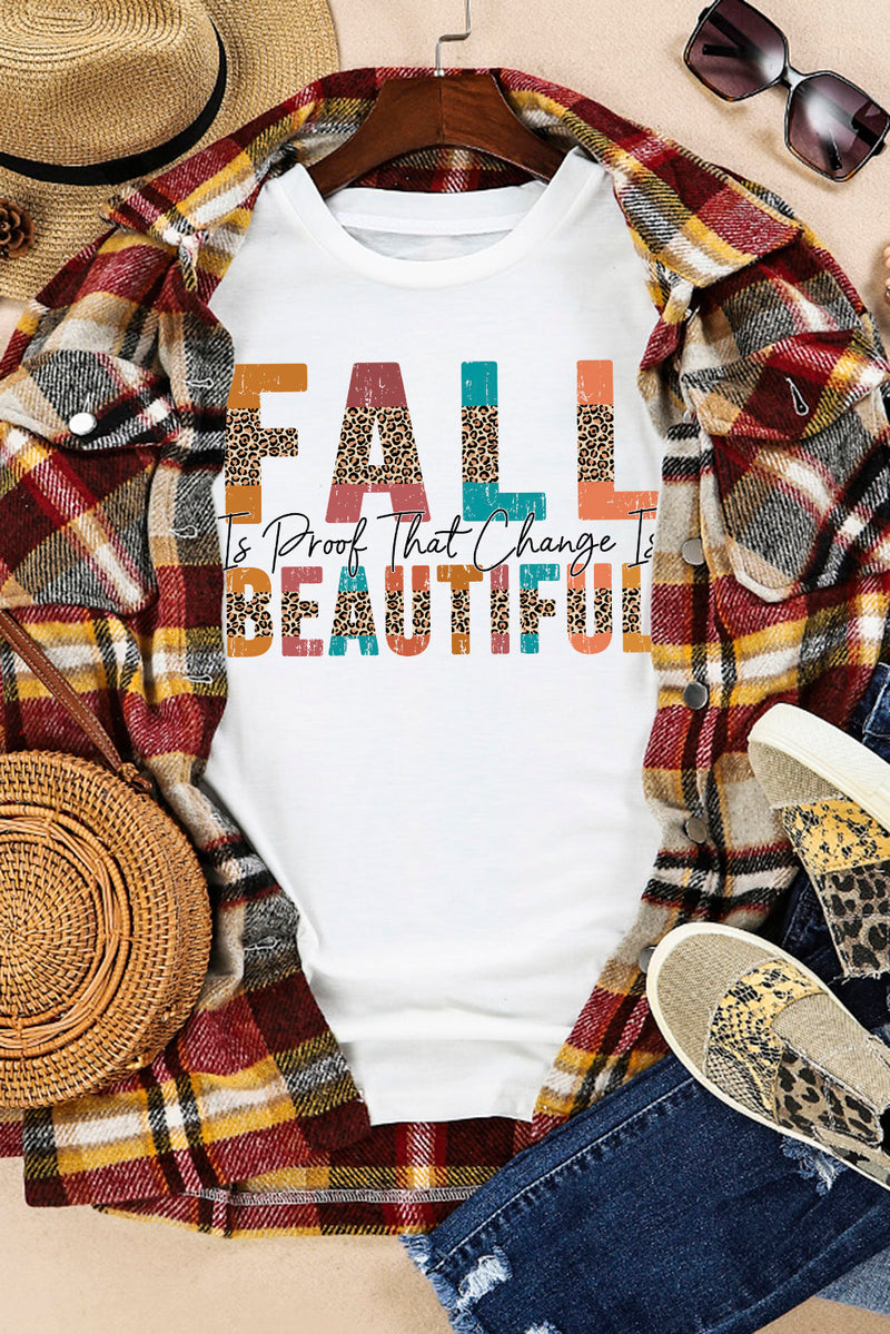 White FALL BEAUTIFUL Leopard Print Short Sleeve T Shirt