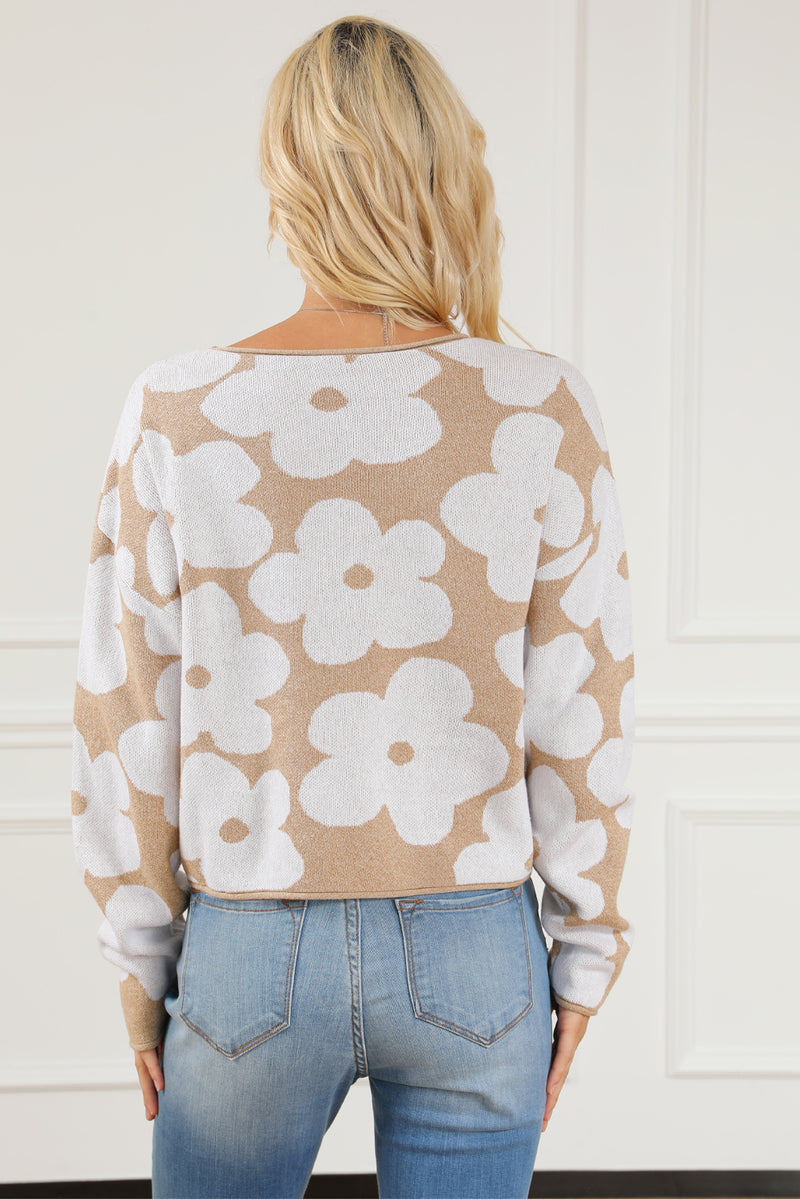 Light French Beige Flower Pattern Cropped Sweater