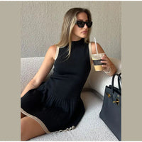 Women's Sexy Color Blocking Knitted O-neck Mini Dress Elegant Sleeveless High Waist Pleated Dresses Lady High Streetwear Robes