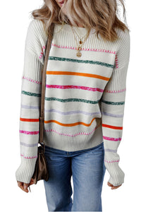 White Colorful Striped Ribbed Trim Sweater