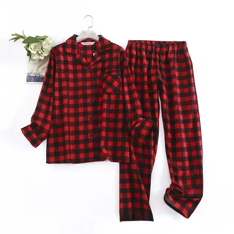 Cotton Flannel Women's Long Pants Pajamas Sets for Sleepwear Plaid Design Loose Autumn and Winter Long Sleeve Trouser Suits