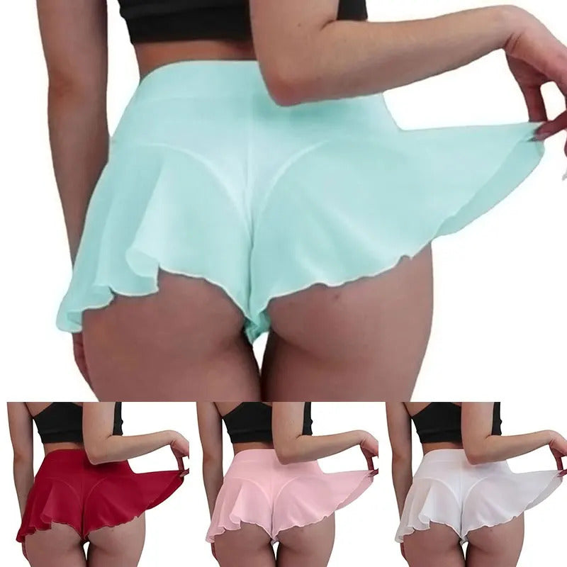 Womens Sexy Sheer Ruffles Skirt Shorts Transparent High Waist Mini Skirts Summer Sports Fitness Yoga Dance Hot Pants S-3XL