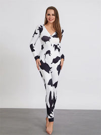 Women Buttoned Flap Jumpsuits Sleepwear Cow Printed Long Sleeve V Neck Bodycon Romper Spring Fall Loungewear