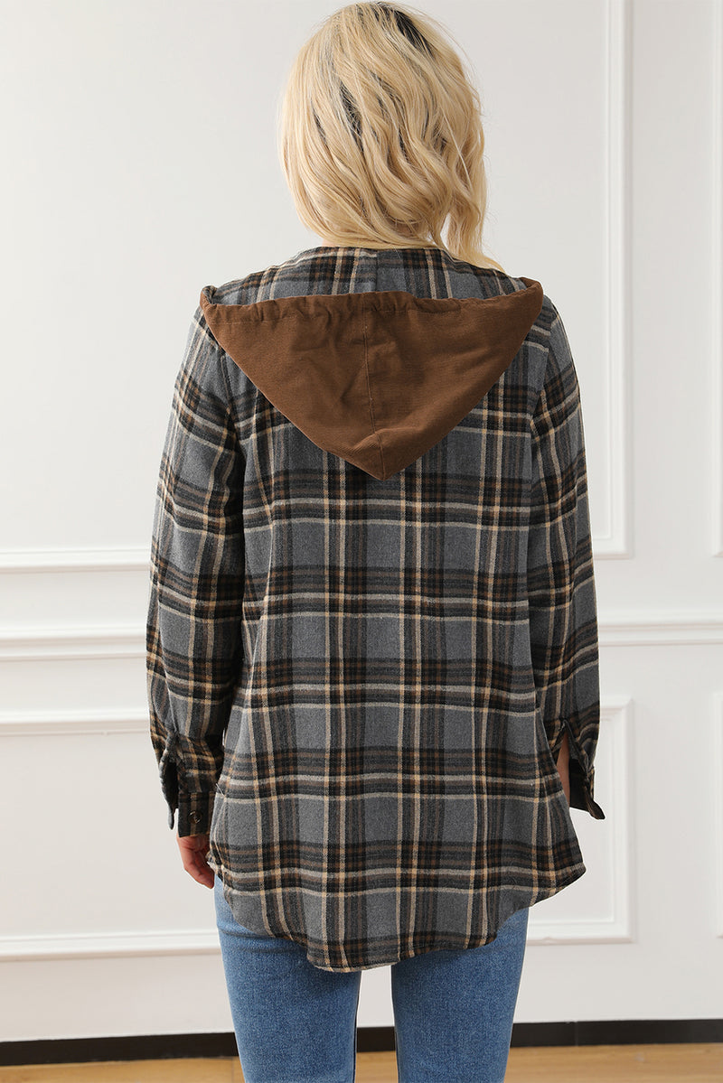 Bluing Contrast Hooded Drawstring Plaid Shacket