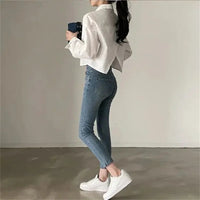 Spring New Casual Long Sleeve Women White Shirt Korea Style Solid Button Split Woman Crop Tops Blouse Party Clothing