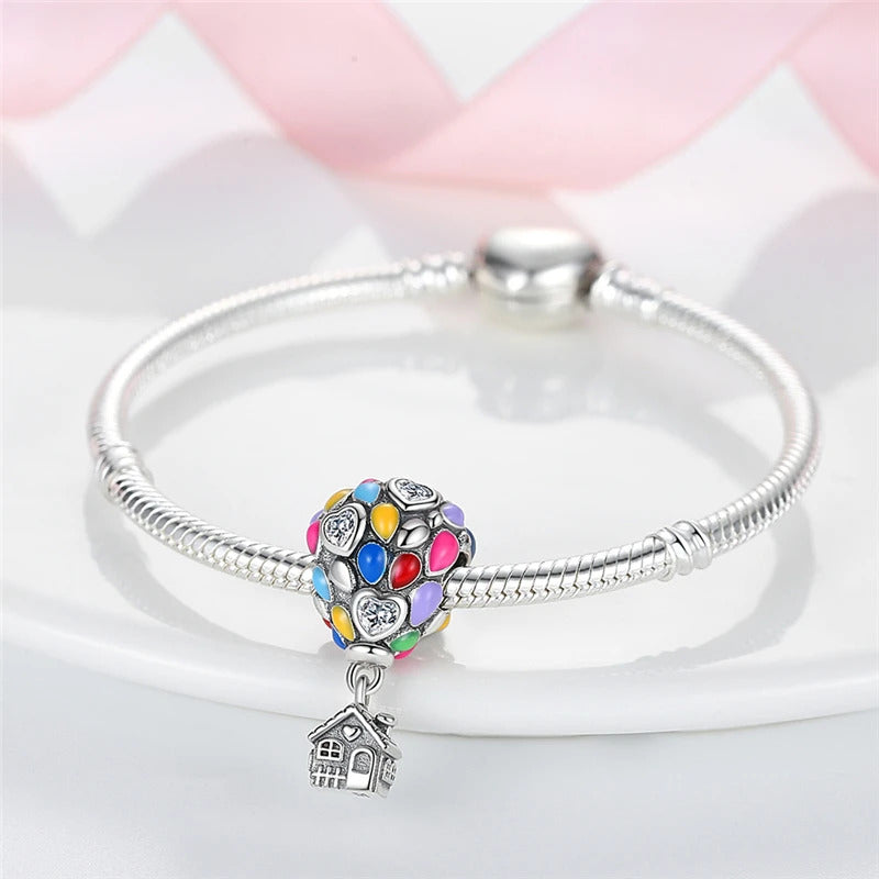 Fit Pandora Original Bracelets 925 Sterling Silver House Astronaut Puzzle Colorful Hot Air Balloon Charms Beads DIY Jewelry