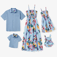 PatPat Family Matching Sets Denim Blue Short-Sleeve Shirt and Floral Print Shirred Top Strap Dress