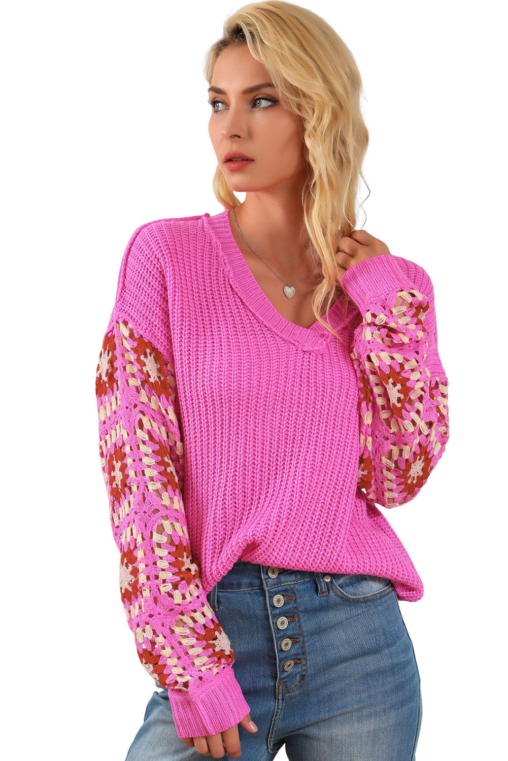 Rose Floral Crochet Cable Knit V Neck Sweater