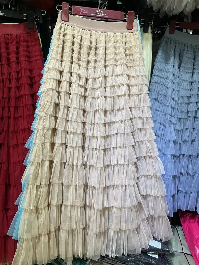 Medium-length Wire Mesh Spliced Cake Skirt 2023 Spring Summer Autumn/winter New Style A- line Long Dress Puffy Dress