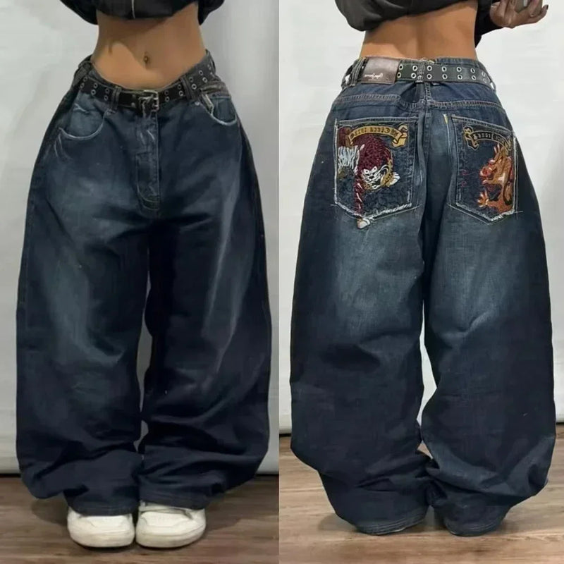 Street Fashion Trend Skull Embroidered Jeans Women Harajuku Y2K New Hip Hop Joker Straight Wide-leg Pants Couple Casual Jeans