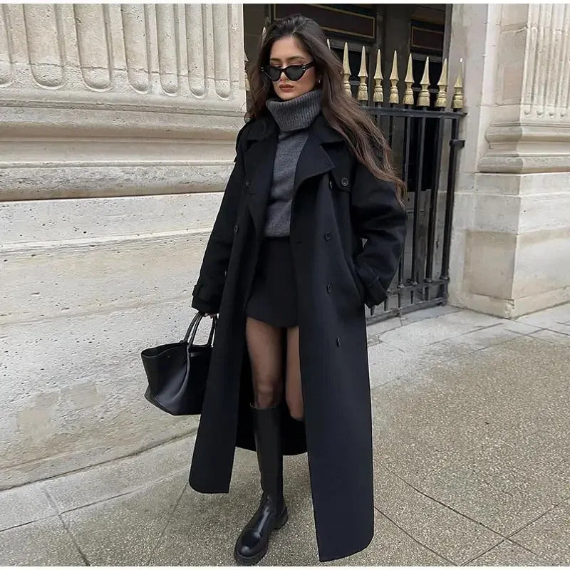 Elegant With Belt Black Long Coat For Women Oversize Woolen Double Button Lapel Overcoat Autumn New Lady High Street Outerwear